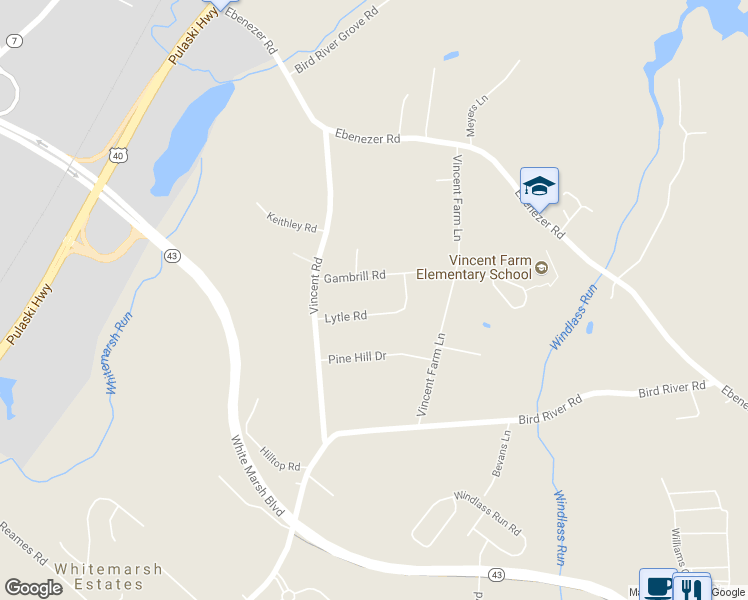 map of restaurants, bars, coffee shops, grocery stores, and more near 5810 Lytle Road in White Marsh