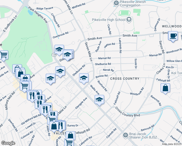 map of restaurants, bars, coffee shops, grocery stores, and more near 3503 Bonfield Road in Pikesville