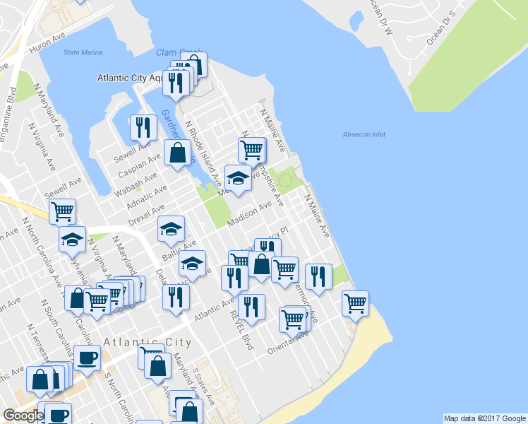 map of restaurants, bars, coffee shops, grocery stores, and more near 301 Madison Avenue in Atlantic City