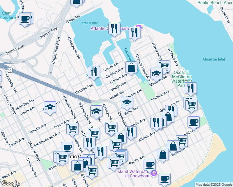 map of restaurants, bars, coffee shops, grocery stores, and more near 638 Drexel Avenue in Atlantic City