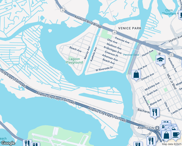 map of restaurants, bars, coffee shops, grocery stores, and more near 1670 West Riverside Drive in Atlantic City