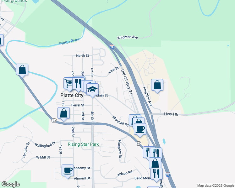 map of restaurants, bars, coffee shops, grocery stores, and more near 399 North Studio Drive in Platte City