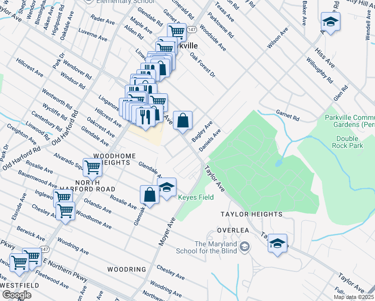 map of restaurants, bars, coffee shops, grocery stores, and more near 3215 Taylor Avenue in Baltimore