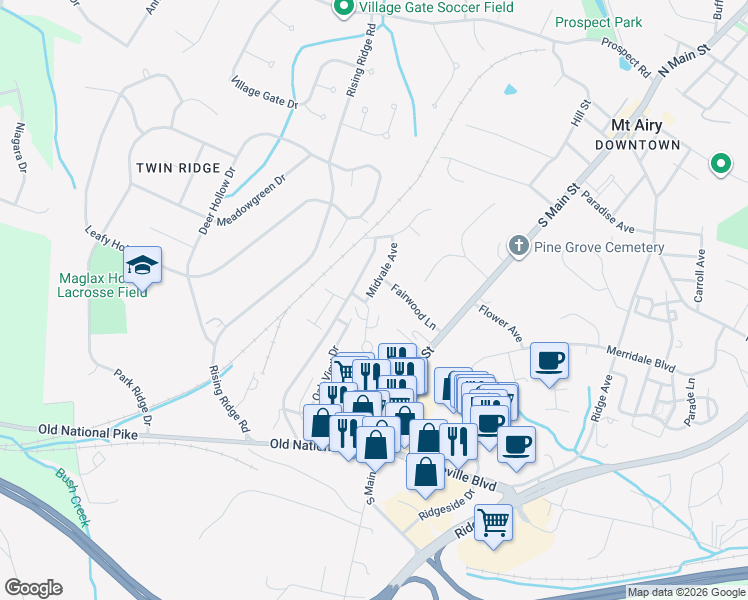 map of restaurants, bars, coffee shops, grocery stores, and more near 1103 Midvale Avenue in Mount Airy