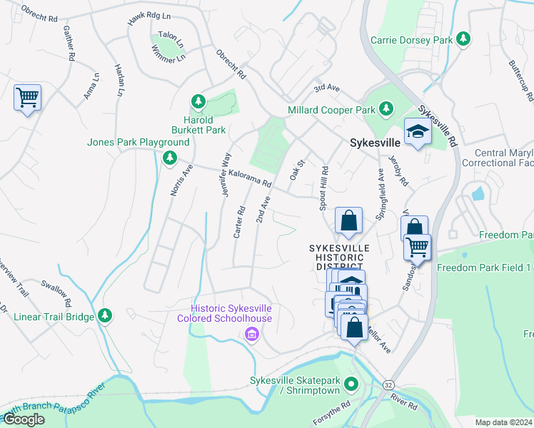 map of restaurants, bars, coffee shops, grocery stores, and more near 7409 2nd Avenue in Sykesville