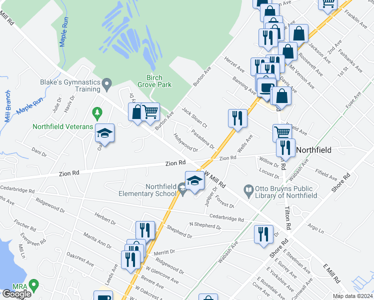 map of restaurants, bars, coffee shops, grocery stores, and more near 650 Hollywood Drive in Northfield