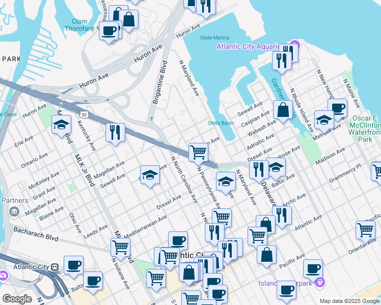 map of restaurants, bars, coffee shops, grocery stores, and more near 601 North Pennsylvania Avenue in Atlantic City