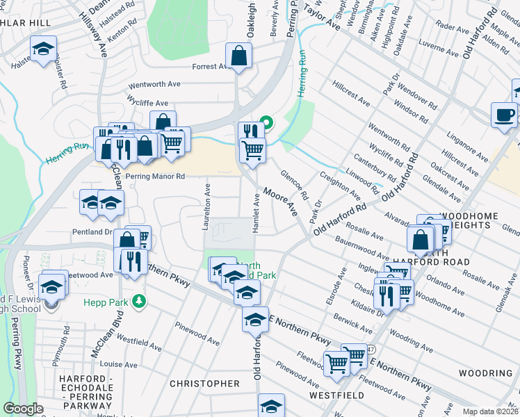 map of restaurants, bars, coffee shops, grocery stores, and more near 7013 Hamlet Avenue in Baltimore