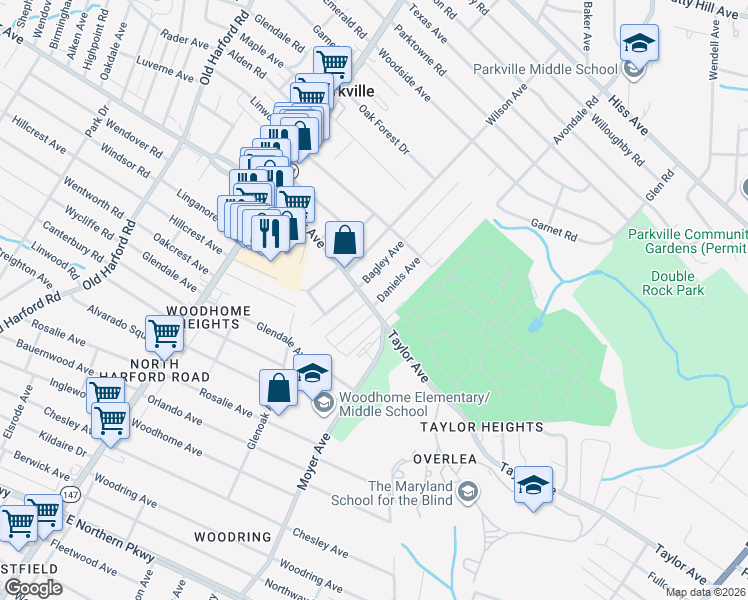 map of restaurants, bars, coffee shops, grocery stores, and more near 3216 Taylor Avenue in Parkville