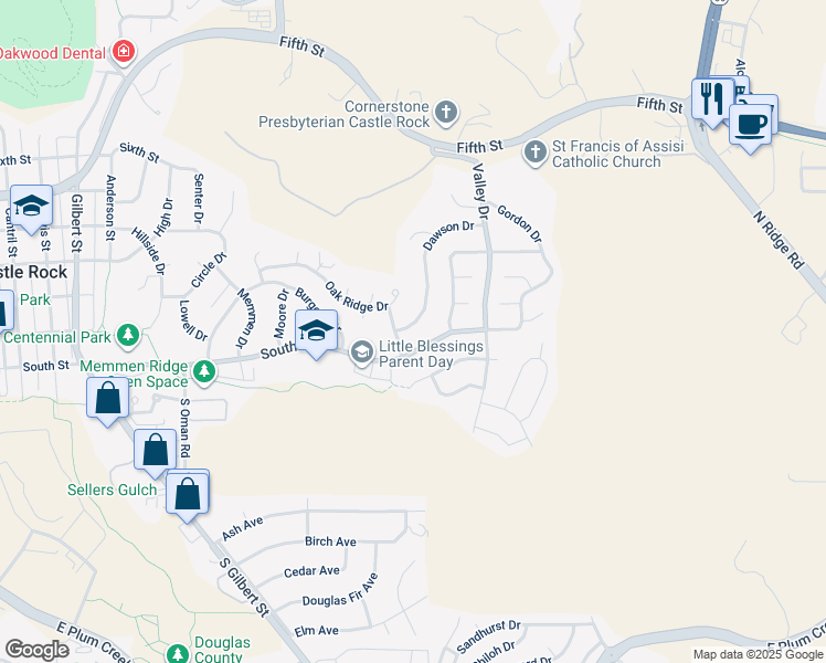 map of restaurants, bars, coffee shops, grocery stores, and more near 122 Dawson Drive in Castle Rock
