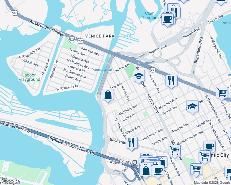 map of restaurants, bars, coffee shops, grocery stores, and more near 1142 North Michigan Avenue in Atlantic City