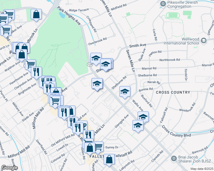 map of restaurants, bars, coffee shops, grocery stores, and more near 7307 Park Heights Avenue in Pikesville