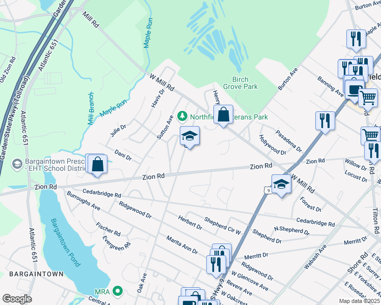 map of restaurants, bars, coffee shops, grocery stores, and more near 2100 Oak Avenue in Northfield