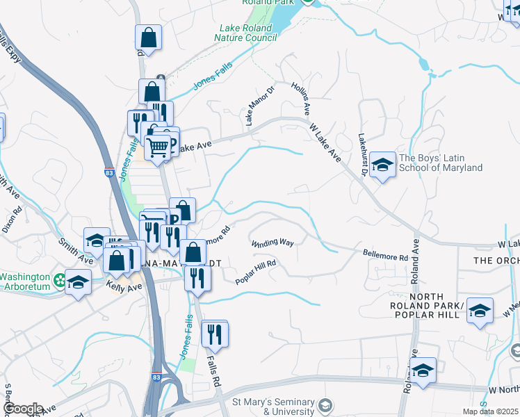 map of restaurants, bars, coffee shops, grocery stores, and more near 1104 Bellemore Road in Baltimore