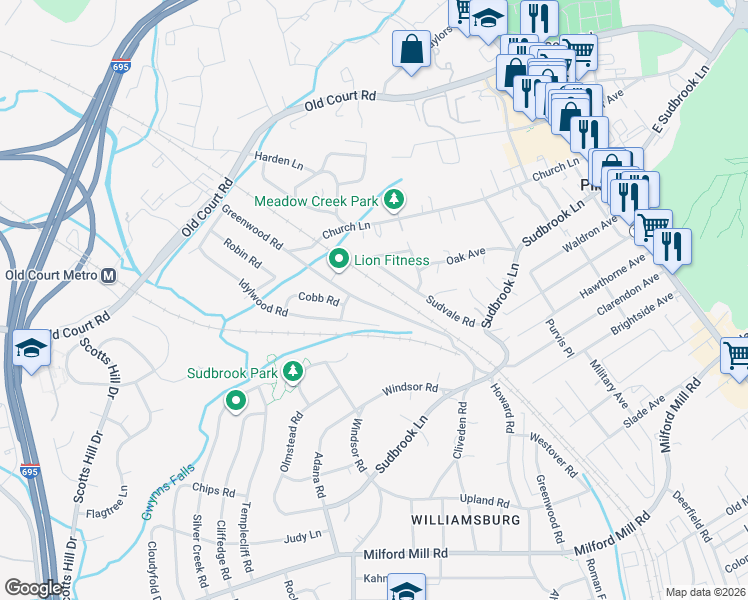 map of restaurants, bars, coffee shops, grocery stores, and more near 1111 Greenwood Road in Pikesville