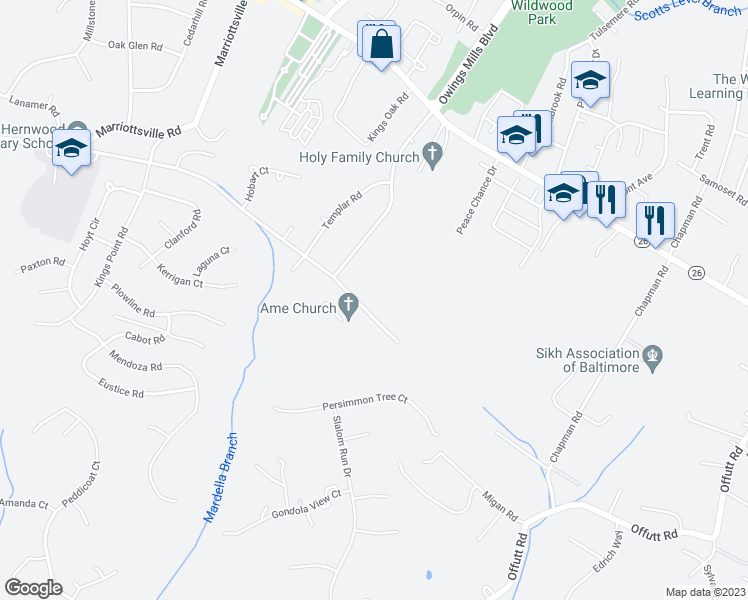 map of restaurants, bars, coffee shops, grocery stores, and more near 9601 Axehead Court in Randallstown