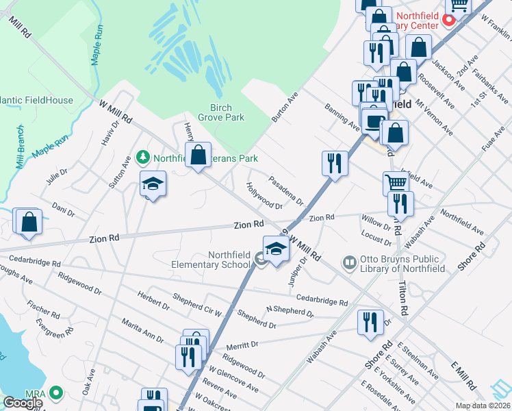 map of restaurants, bars, coffee shops, grocery stores, and more near 711 West Mill Road in Northfield