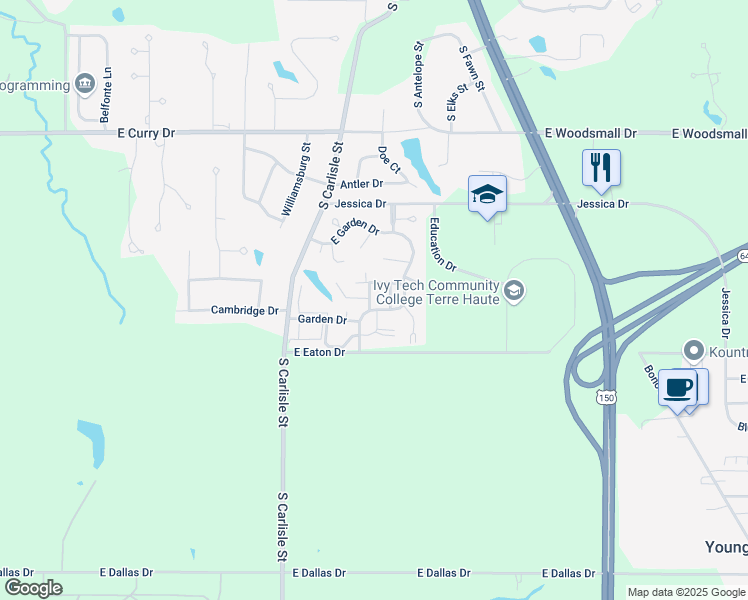 map of restaurants, bars, coffee shops, grocery stores, and more near 7970 South Sweetleaf Street in Terre Haute