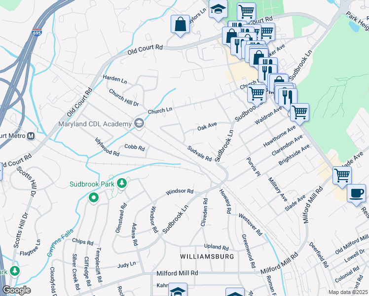 map of restaurants, bars, coffee shops, grocery stores, and more near 1328 Sudvale Road in Pikesville