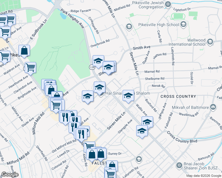 map of restaurants, bars, coffee shops, grocery stores, and more near 7307 Park Heights Avenue in Pikesville