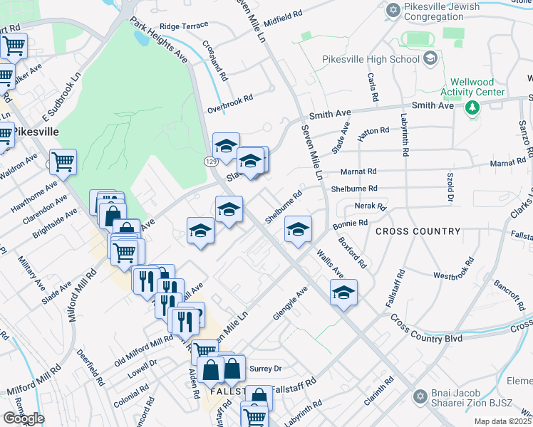 map of restaurants, bars, coffee shops, grocery stores, and more near 7301 Maryland 129 in Pikesville
