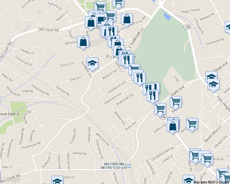 map of restaurants, bars, coffee shops, grocery stores, and more near 107 Hawthorne Ave in Pikesville