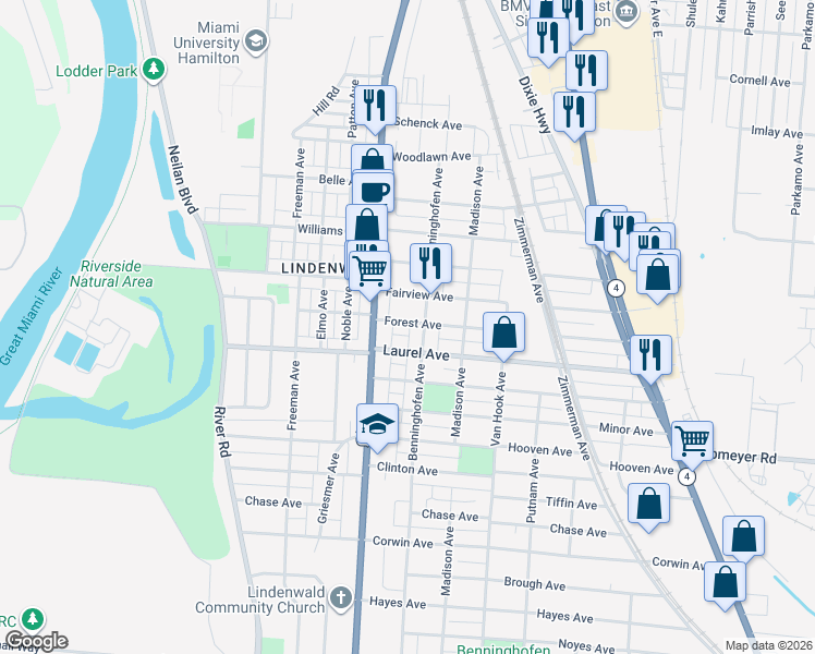 map of restaurants, bars, coffee shops, grocery stores, and more near 635 Forest Avenue in Hamilton