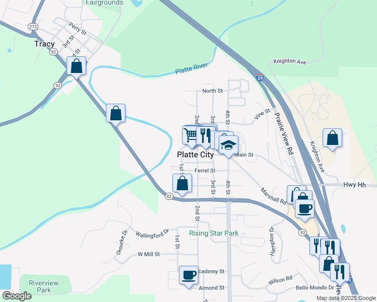 map of restaurants, bars, coffee shops, grocery stores, and more near 112 Main Street in Platte City