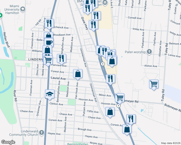 map of restaurants, bars, coffee shops, grocery stores, and more near 1000 Forest Avenue in Hamilton
