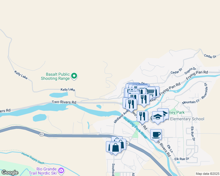 map of restaurants, bars, coffee shops, grocery stores, and more near 2-448 Wilderness Road in Basalt