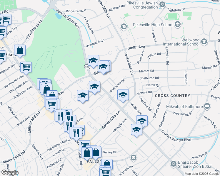 map of restaurants, bars, coffee shops, grocery stores, and more near 7301 Maryland 129 in Pikesville