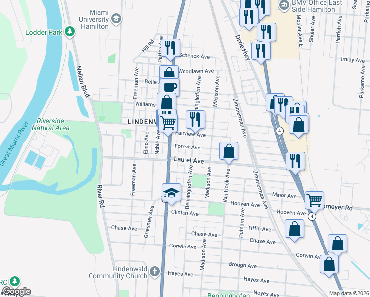map of restaurants, bars, coffee shops, grocery stores, and more near 635 Forest Avenue in Hamilton