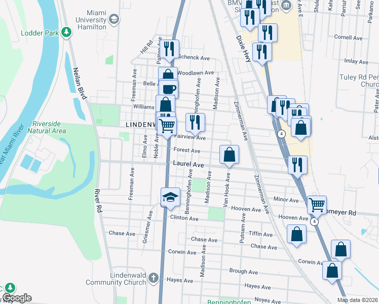 map of restaurants, bars, coffee shops, grocery stores, and more near 2604 Benninghofen Avenue in Hamilton