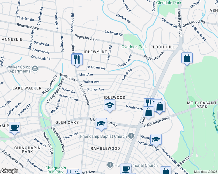 map of restaurants, bars, coffee shops, grocery stores, and more near 1292 Gittings Avenue in Baltimore