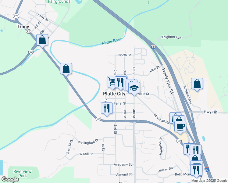 map of restaurants, bars, coffee shops, grocery stores, and more near 132 Main Street in Platte City