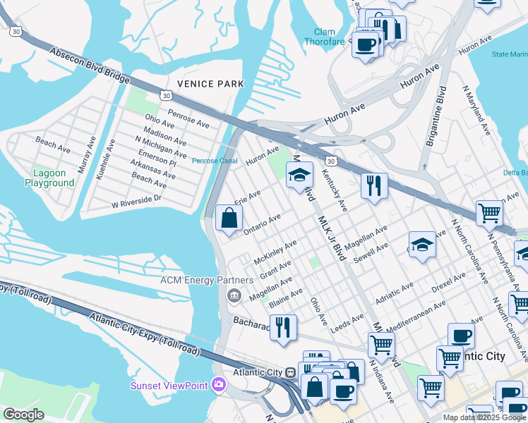 map of restaurants, bars, coffee shops, grocery stores, and more near 1128 North Ohio Avenue in Atlantic City