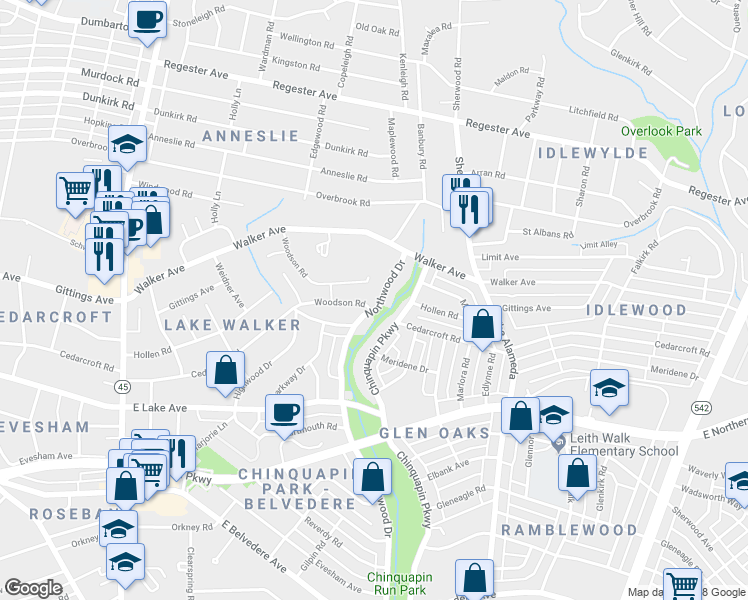map of restaurants, bars, coffee shops, grocery stores, and more near 6204 Northwood Drive in Baltimore