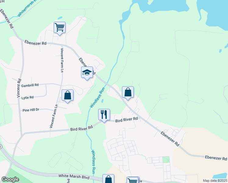 map of restaurants, bars, coffee shops, grocery stores, and more near 6115 Ebenezer Road in White Marsh