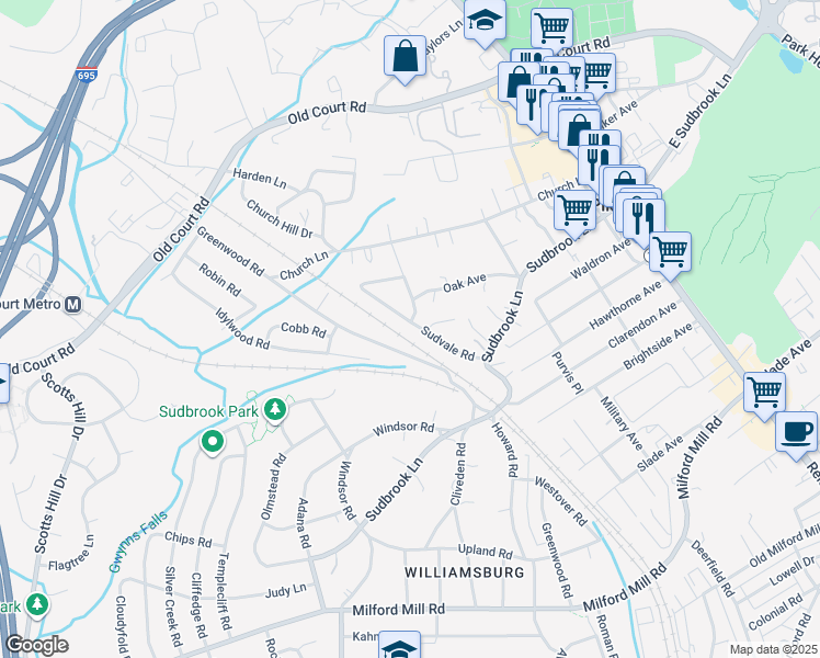 map of restaurants, bars, coffee shops, grocery stores, and more near 1330 Sudvale Road in Pikesville