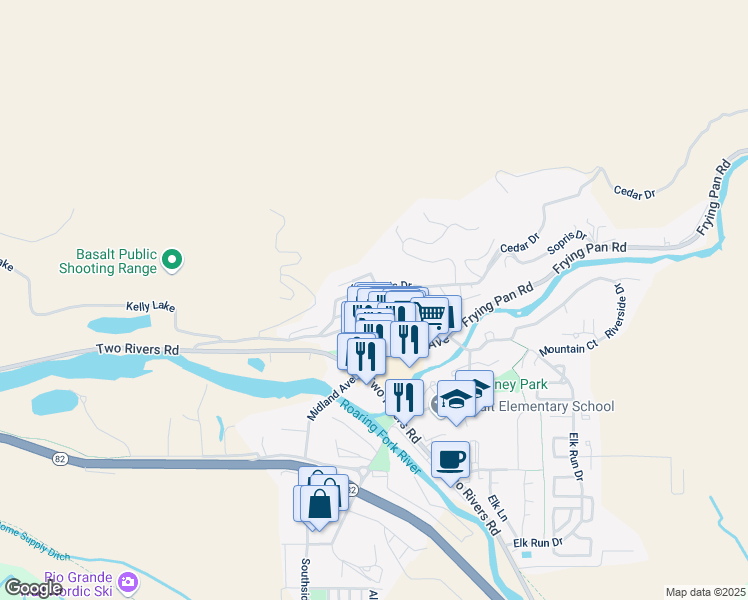 map of restaurants, bars, coffee shops, grocery stores, and more near 120 Tucker Ln in Basalt