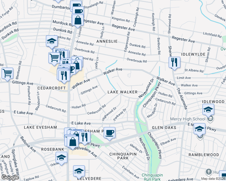 map of restaurants, bars, coffee shops, grocery stores, and more near 729 Hollen Road in Baltimore