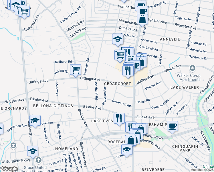 map of restaurants, bars, coffee shops, grocery stores, and more near 6213 Blackburn Lane in Baltimore