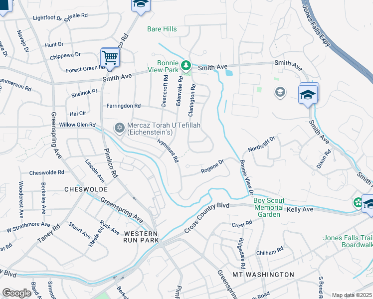 map of restaurants, bars, coffee shops, grocery stores, and more near 6500 Clarington Road in Baltimore