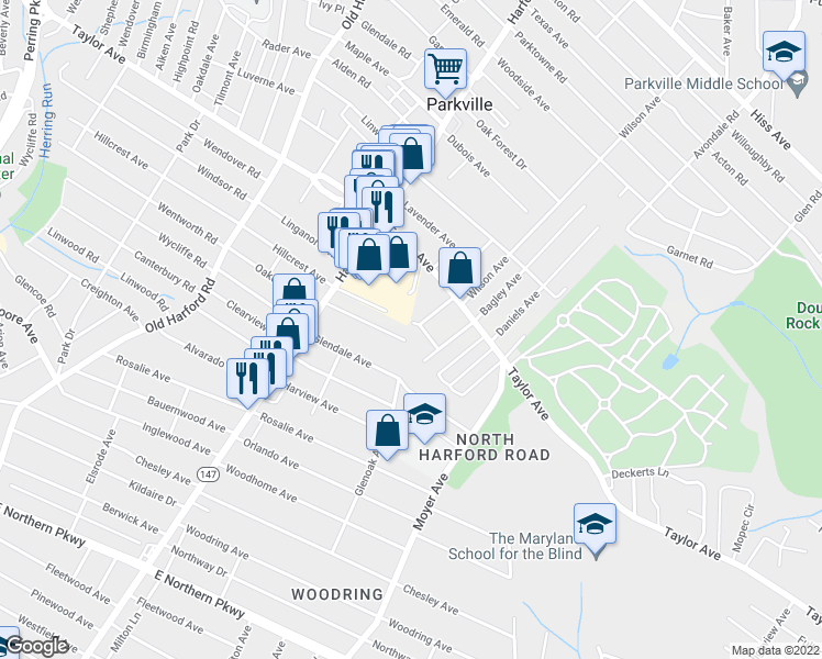 map of restaurants, bars, coffee shops, grocery stores, and more near 3101 Hillcrest Ave in Parkville