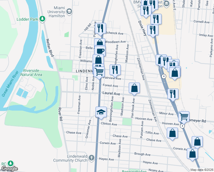 map of restaurants, bars, coffee shops, grocery stores, and more near 635 Forest Avenue in Hamilton