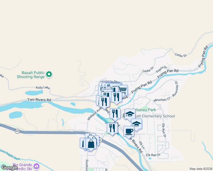 map of restaurants, bars, coffee shops, grocery stores, and more near 120 Tucker Ln in Basalt