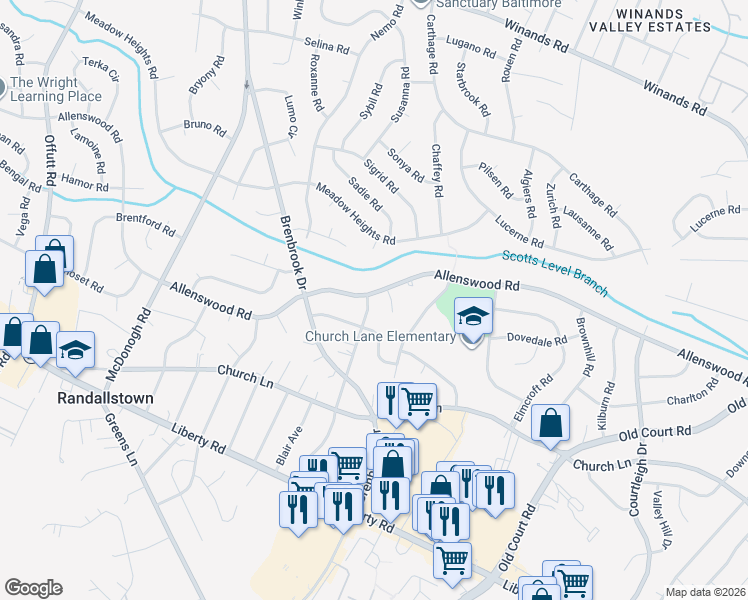 map of restaurants, bars, coffee shops, grocery stores, and more near 3739 Springdell Avenue in Randallstown