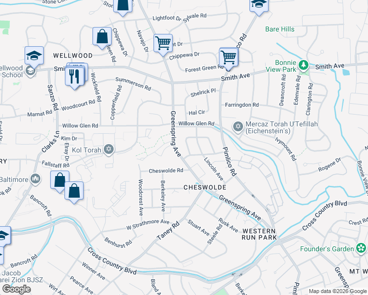 map of restaurants, bars, coffee shops, grocery stores, and more near 6300 Shelrick Drive in Baltimore