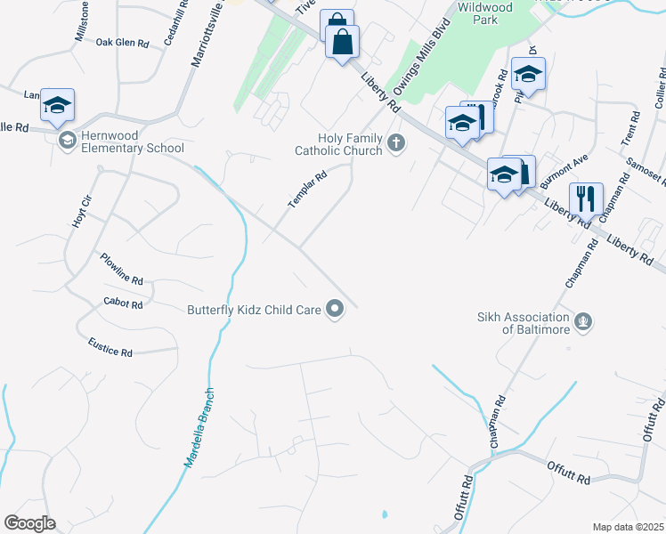 map of restaurants, bars, coffee shops, grocery stores, and more near 9611 Axehead Court in Randallstown