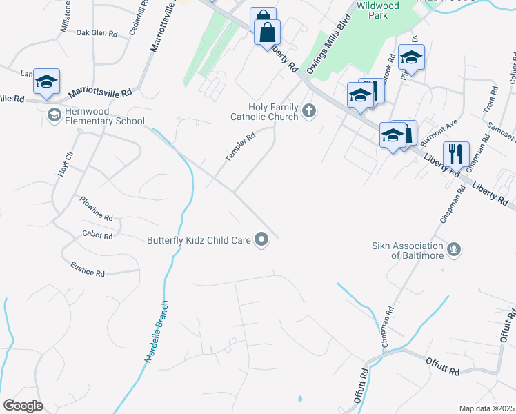map of restaurants, bars, coffee shops, grocery stores, and more near 9615 Axehead Court in Randallstown